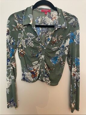 GUESS Olive Green Floral Button-Front Ruched Long Sleeve Top